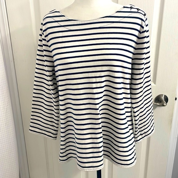 Gap Navy/White Striped Top Boatneck Buttons on Shoulder 3/4 Sleeves Cotton Sz XL - Picture 1 of 14
